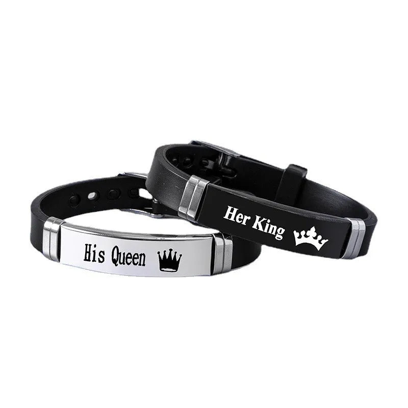 New Arrival Her King His Queen Crown Engraved Silicone Couple Bracelet Set