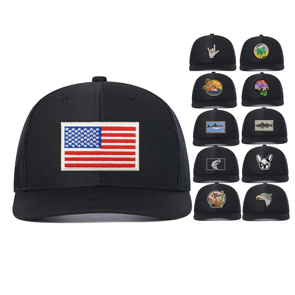 Wholesale Unisex Black US Flag Snapback Trucker Outdoor Fishing Mesh Hats Custom Trucker Cap