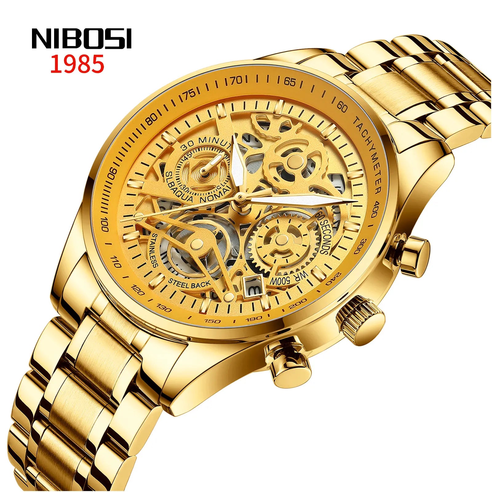 NIBOSI 2385 Luxury Fashion Hollow Design Stainless Steel Strap Band Wristwatch Quartz Movt Watch for Men