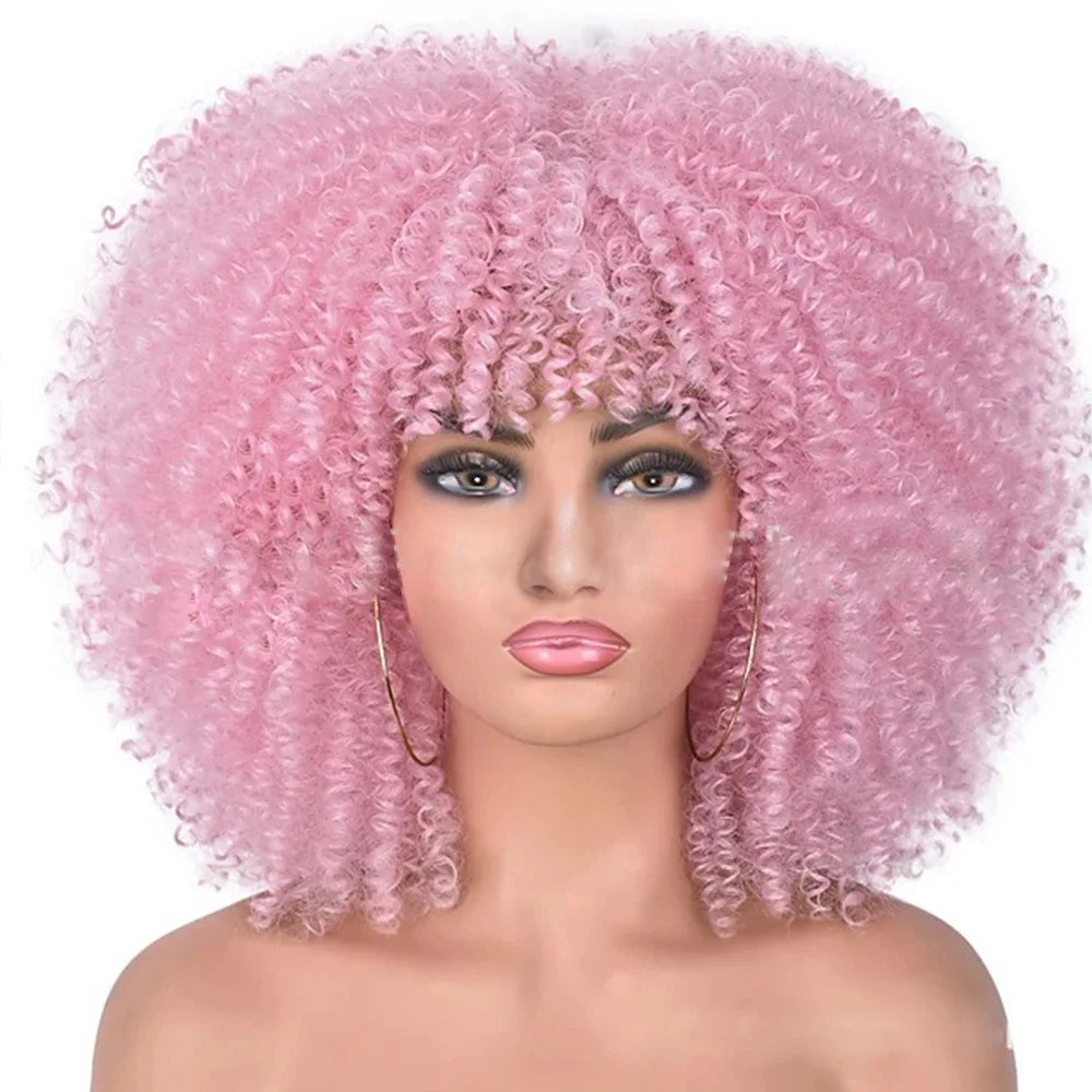 WH-03QT Afro Kinky Curly Wigs Short for Black Heat Resistant African Synthetic Ombre Glueless Cosplay with Bangs Women Support