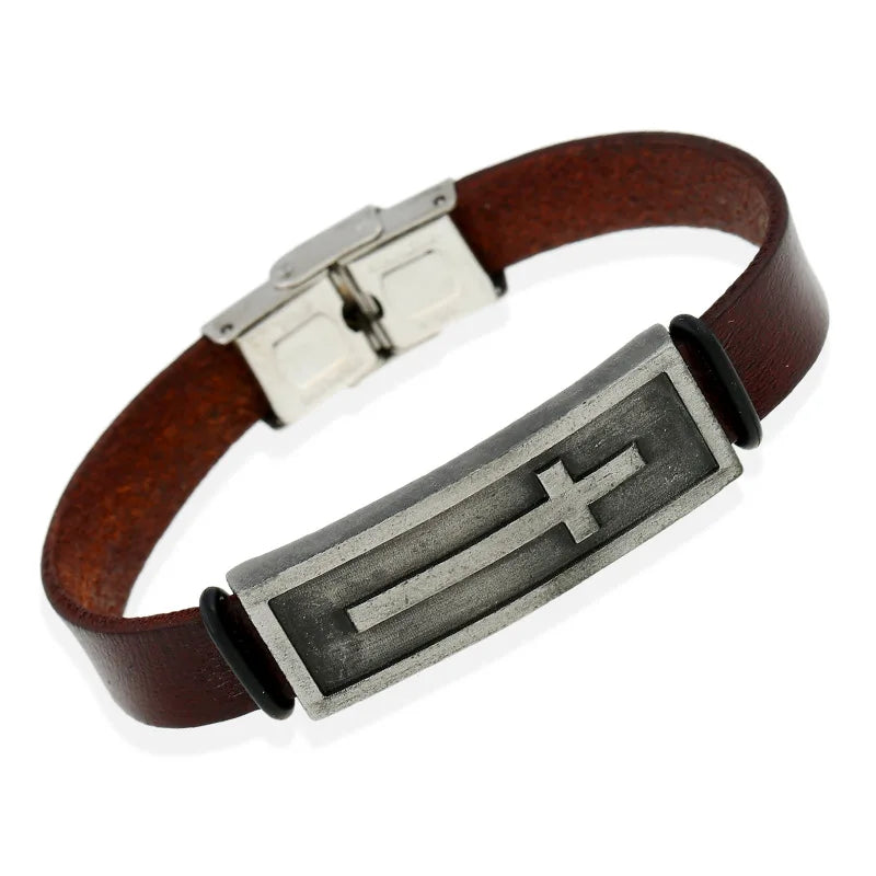 Vintage Men's Simple Stainless Steel Buckle Christian Jewelry Genuine Leather Metal Cross Bracelet Fashion Charm Bangles