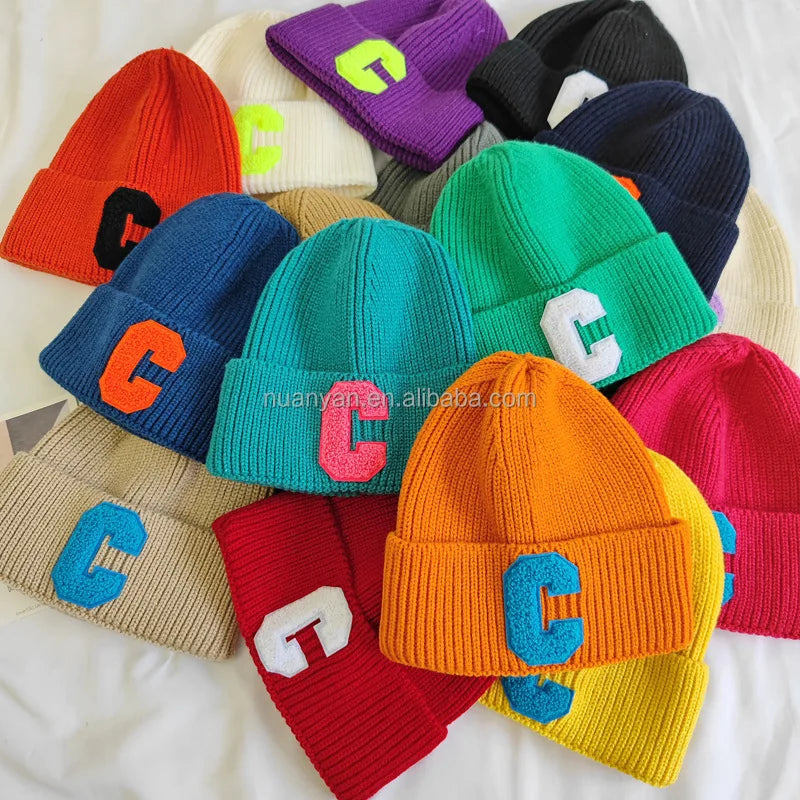 Bulk Discount Design Autumn and Winter Wool Warm Hat Fashion Pretty Color Letter Knitted Hat Colorful Woolen Caps for Adults