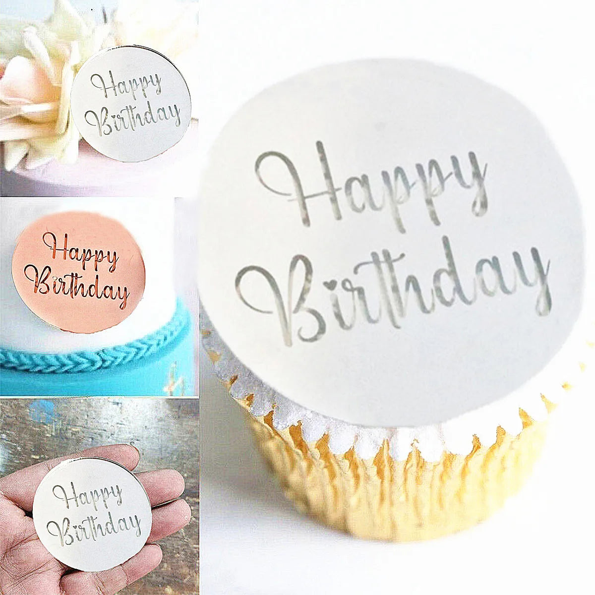 5PCS/SET 4g Mirror Acrylic plaques Engraving happy birthday Cupcakes Inserting Flags Baking Biscuit Decorations
