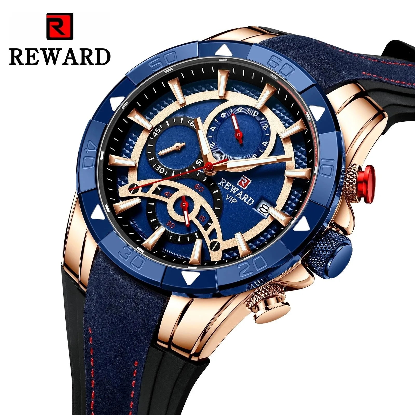 REWARD RD83013M Men's Casual Quartz Watch Automatic Date Fluorescent Hand 3ATM Waterproof Leather Strap Men's Sports Watch