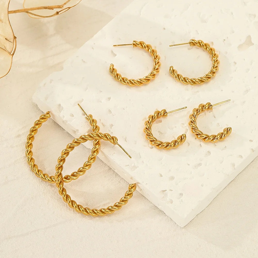 Vintage Gold Plated Twist Design Small & Large Circle Hypoallergenic Stainless Steel Hoop Earrings for Women Anniversary
