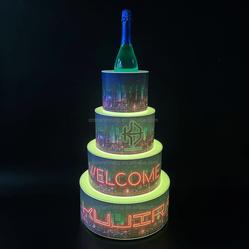 Starshining OEM 4 Tiers Champagne Display Racks VIP LED Bottle Presenter Happy Birthday LED Cake for Night Club bar Party Lounge