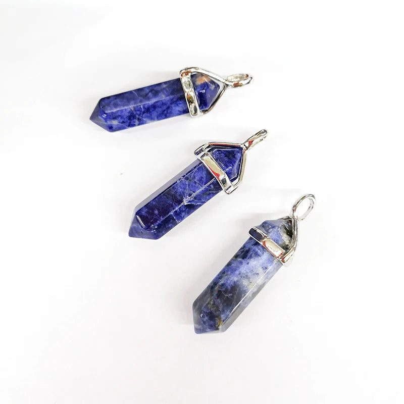Natural Sodalite Gemstone Pendant Necklace Healing Crystal Quartz Hexagonal Pointed Reiki Chakra Pendant 8*32mm Wholesale