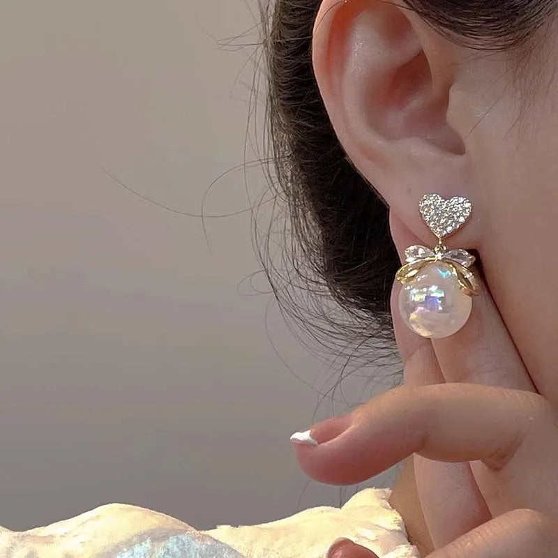 Delicate Gold Bow Heart Zircon Colored Pearl Earrings S925 Silver Needle Earrings Gifts for Women to My Dauther