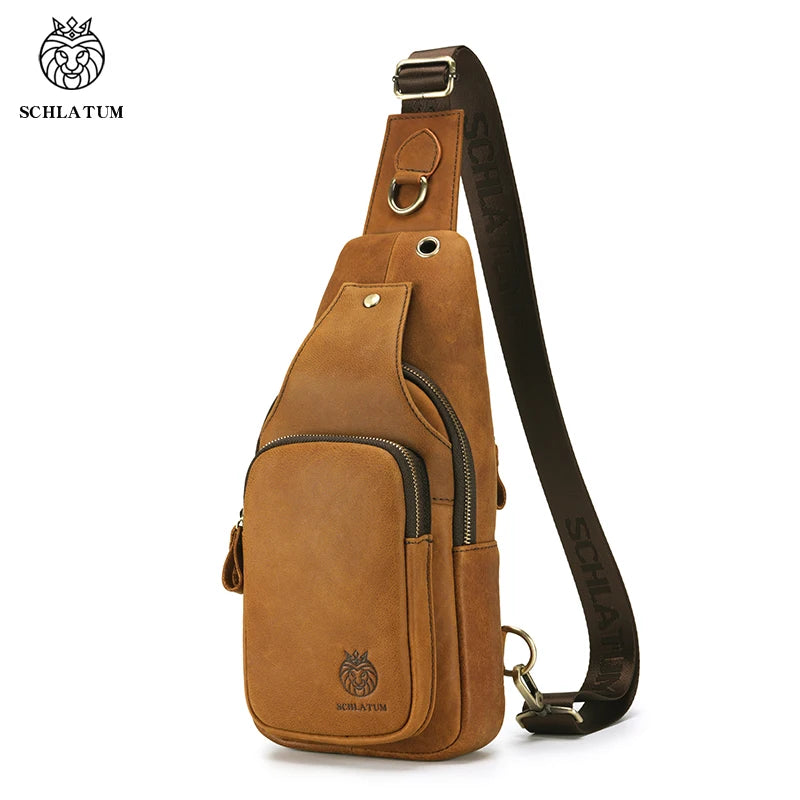 SCHLATUM Fashion Good Quality Cowhide Leather Multiple Pockets Men's Crossbody Strap Pack Chest Bag  with Earphone Hole
