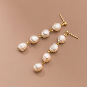 Exquisite 925 Sterling Silver Freshwater Pearl Earrings Baroque Pearl Tassel Stud Earrings for Women