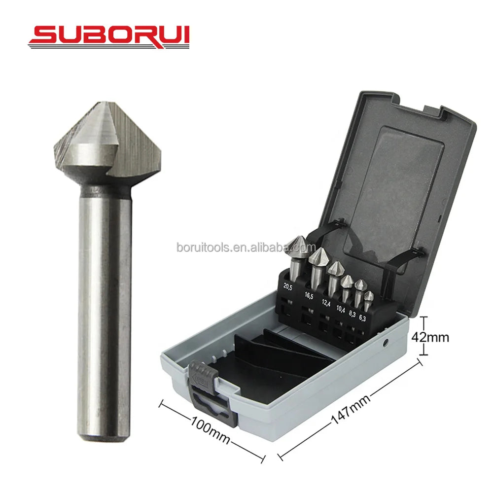 SUBORUI 6pcs HSS 3 Flute Round Shank 90 Degree Chamfer Drill Bit Countersink Drill Bit Set for Metal