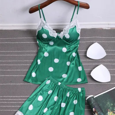 Women's Summer Hot Sales Short Striped Pajamas Polka Dot Scalloped Silk-Like Elastic Waist Closure Knitted Fabric Silk Pyjamas