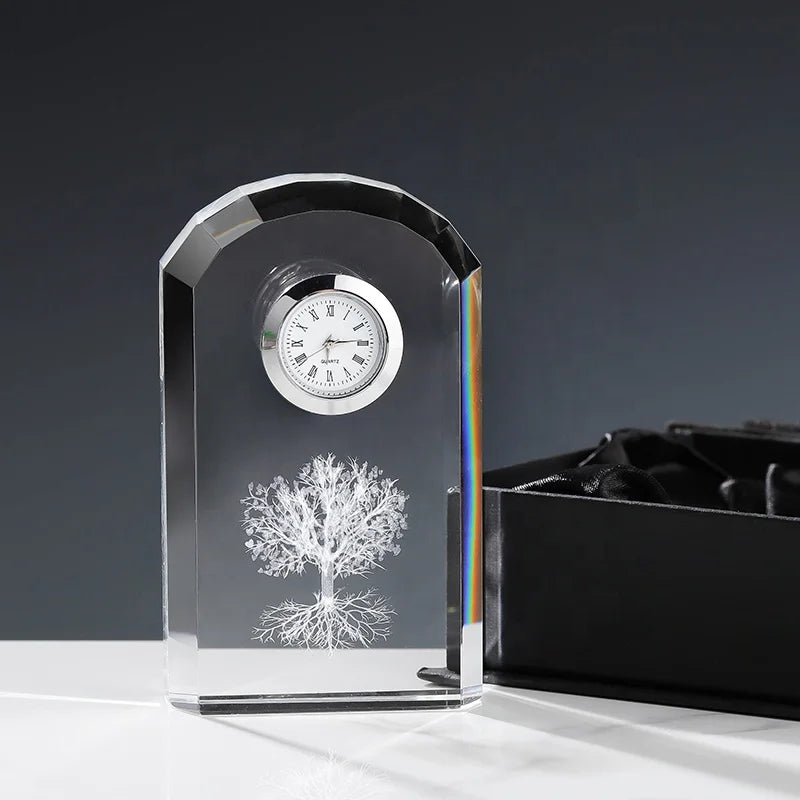 Hot Sale Anniversary Gift Table Clock 3D Laser Engraved the Tree of Life Clear Crystal Clock Business Souvenirs Custom