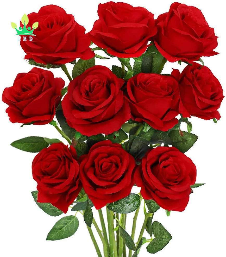 Realistic Touch Silk Red Roses Single Flower Long Stem Bouquets for Wedding and Graduation Artificial Realistic Blossom Roses