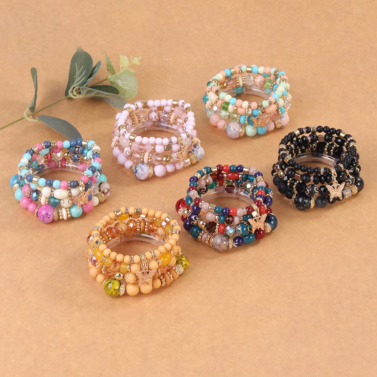 New Arrival Fashion Boho Style Crystal Jewelry Butterfly Pendant Stack Beaded Bracelet Glass Women