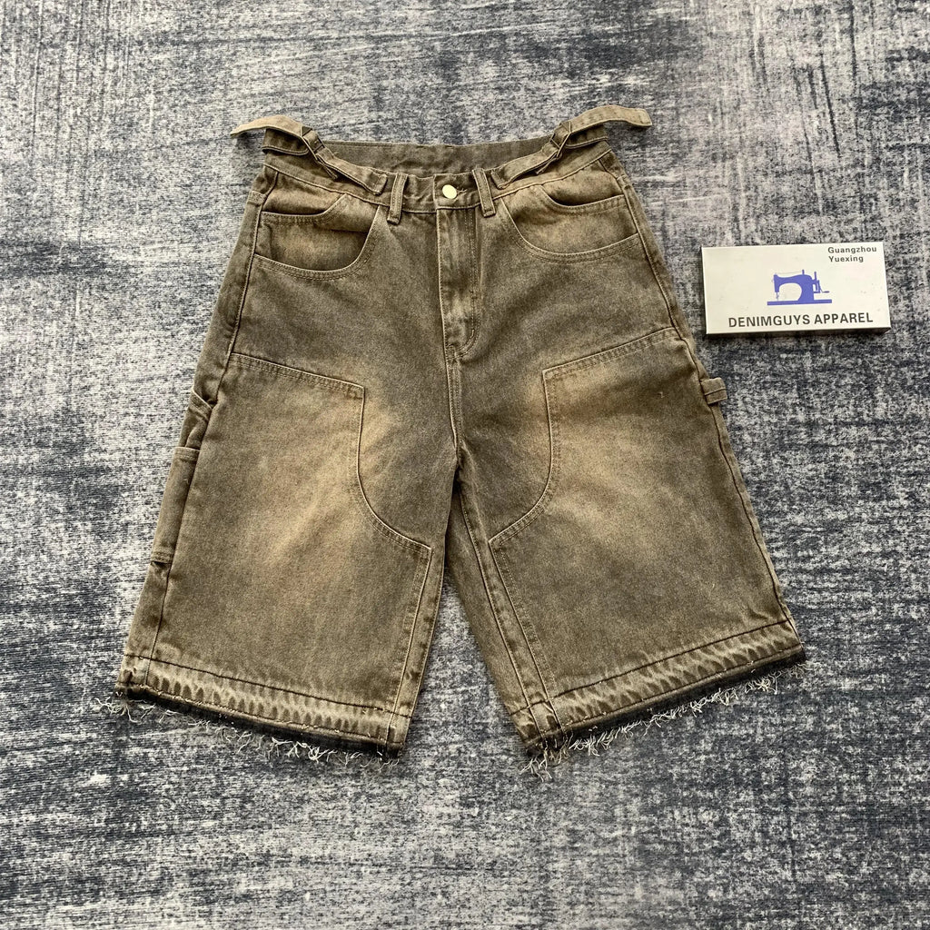 DENIMGUYS 2025 High Street Knee Length Men's Baggy Cargo Jorts Vintage Wash Raw Hem Carpenter Denim Shorts for Men