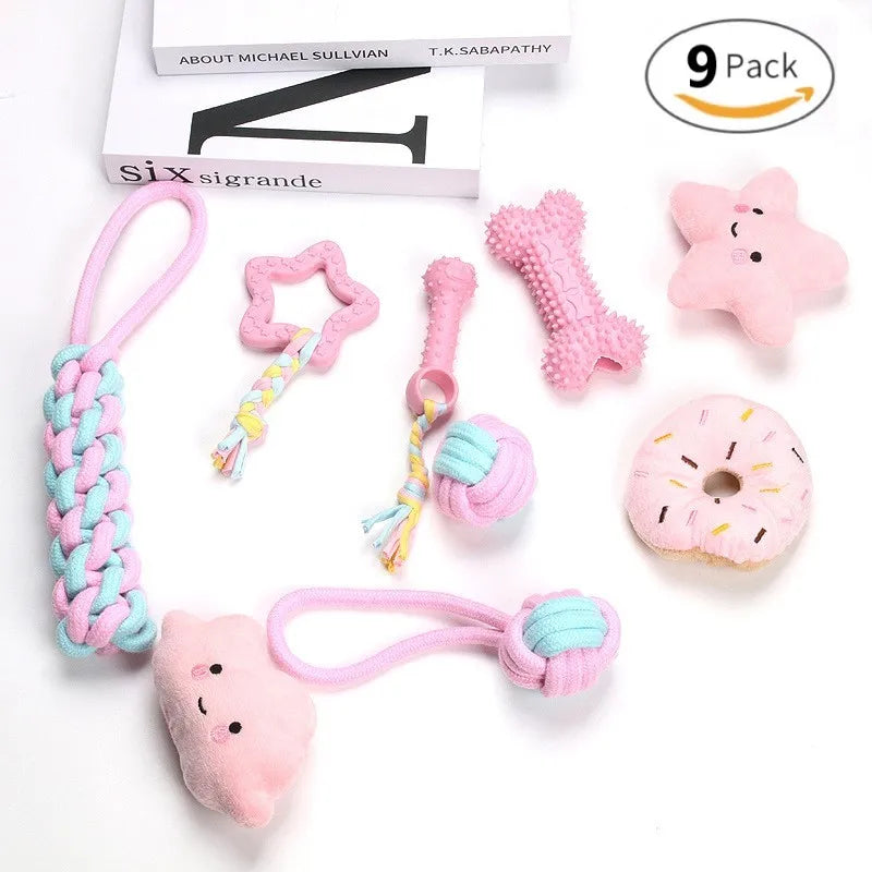 9-Pack Funny Interactive Pet Molar Toy Set Tooth Cleaning Cotton Rope TPR for Dog Bite Resistant and Playing