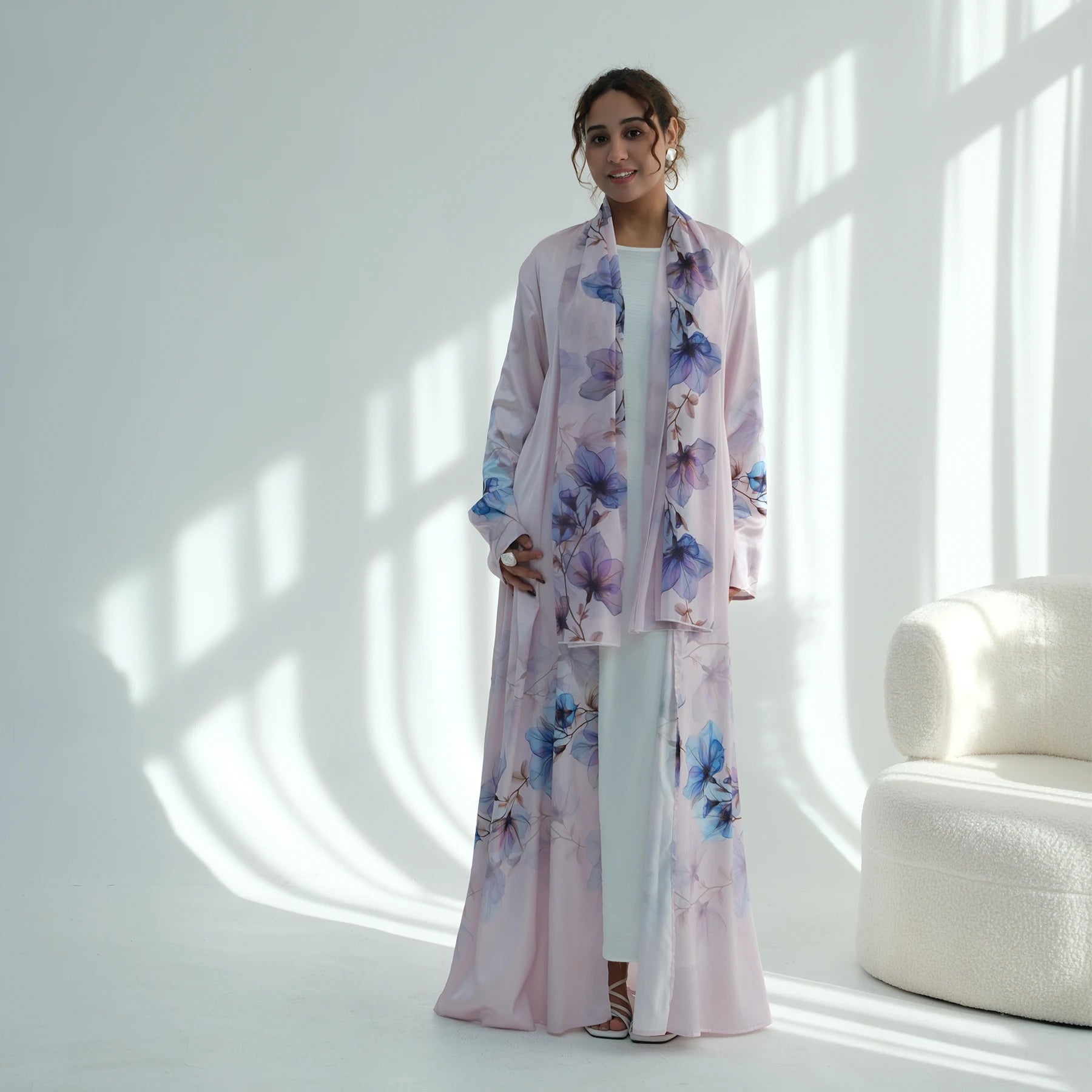 2026 Ramadan Eid Chiffon & Satin Printed Abaya with Hijab Muslim Open Abaya Dubai Wholesale Islamic Clothing Women Muslim Dress