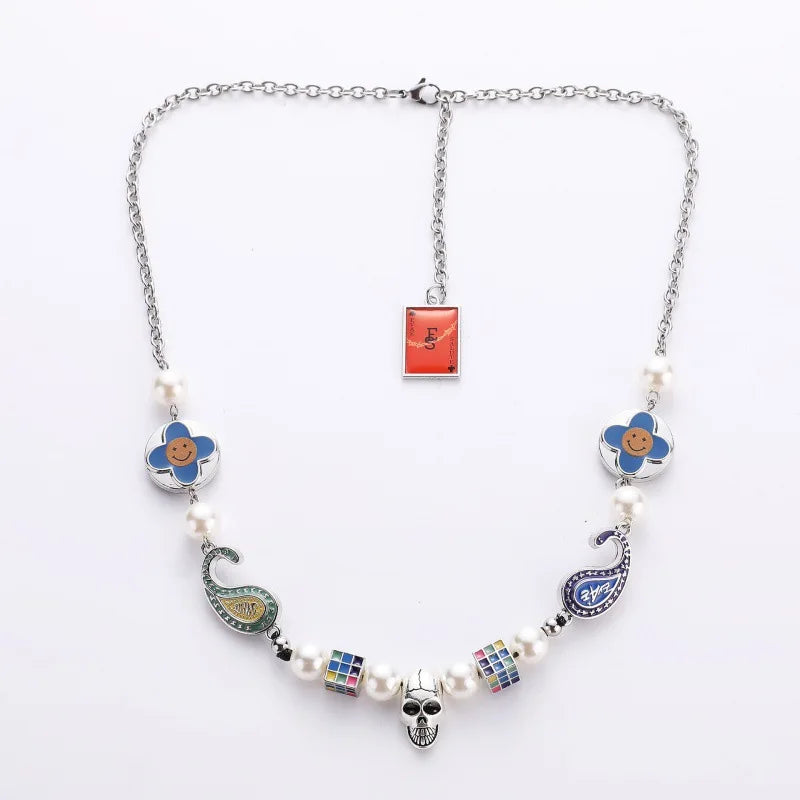 Creative Hip Hop Dainty Colorful Round Smile Face Pearl Zircon Link Chain Pendant Necklace for Men Engagement Jewelry