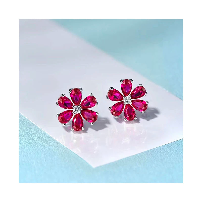 New Product Red Ruby Gemstones 925 Sterling Silver Flower Dainty Jewelry Korean Women Studs Earrings
