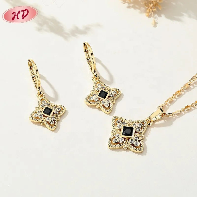 Hengdian 18K Gold Plated Brass  Fashion Jewelry Set Elegant Earrings and Necklaces with Zircon for Party Wedding Gifts