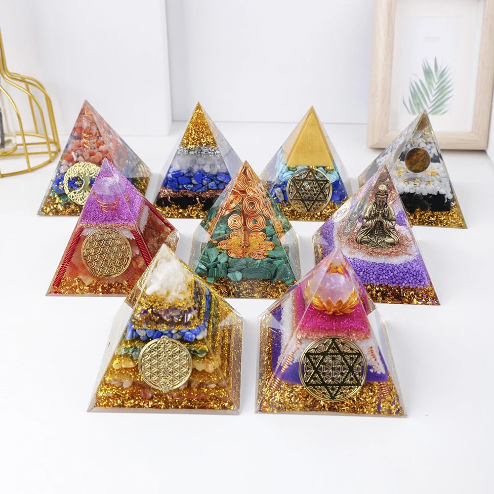Wholesale 8cm Chakra Crystal Chips Orgonite Resin Pyramid Home Decoration