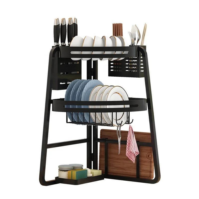 Stainless Steel Black Multi-function Layer Dish Drainer Holder Kitchen Dish Drying Sink Rack Storage Bowl Organizer