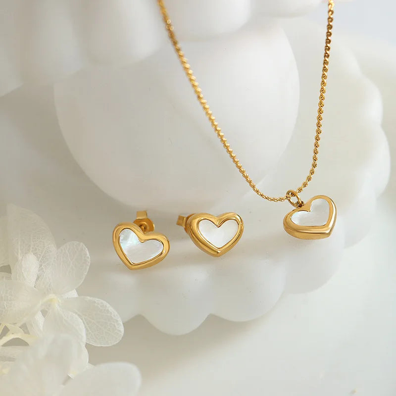 Fashion Pvd Gold Plated Stainless Steel Shell Heart Pendant Necklace Bracelet Earrings Valentine's Day Lovers Jewelry Set
