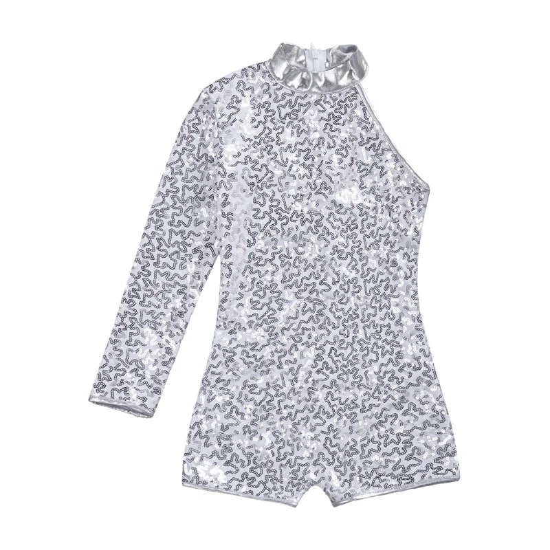 Shiny Sequin Jazz Dance Costumes Hip Hop Dance Dress Leotards Professional Single Long Sleeve for Kids Sets Performance 4 Colors