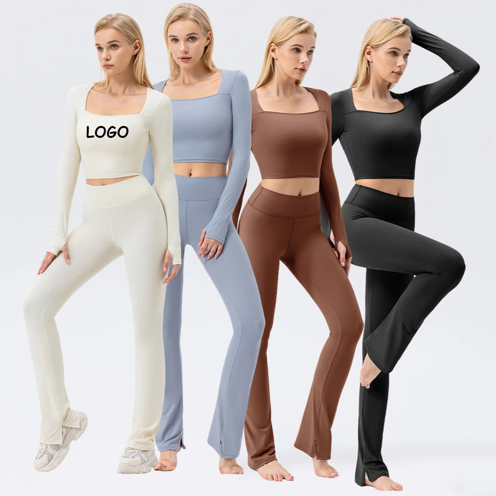 Custom Logo Women Yoga Gym Sets Gym Fitness Sets Sportswear Long Sleeve Workout Gym Yoga Pants Running Sport Leggings Set