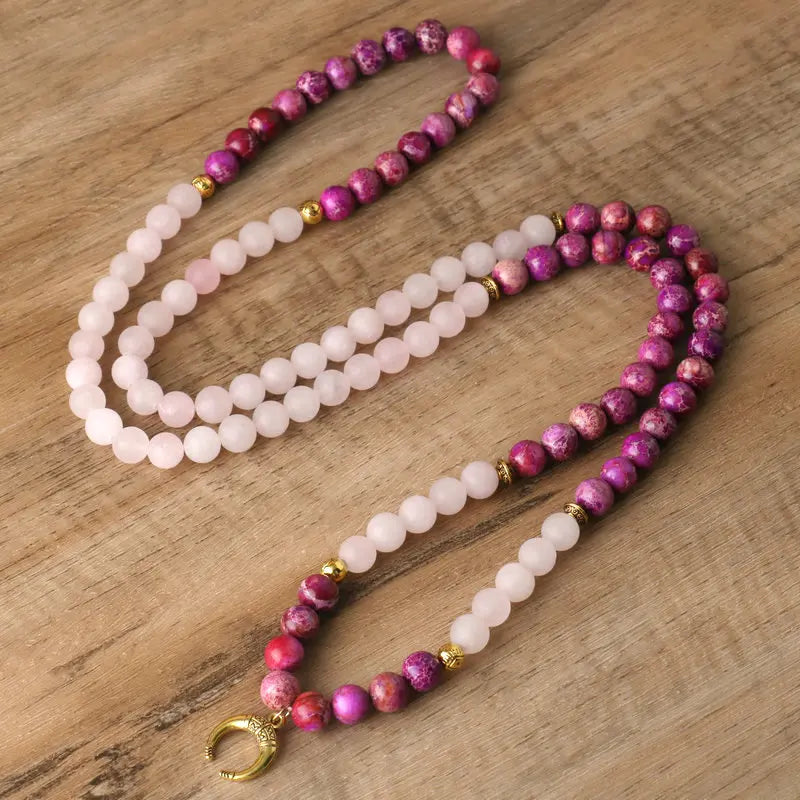 Ethnic 108 Beaded Mala Prayer Necklace for Women Natural Rose Quartz Purple Imperial Jasper Healing Meditation Japamala Necklace