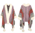 2023 Fashion Bohemia Warm Lady Big Faux Rex Rabbit Fur Collar Balls Winter Knitted Women Cape Poncho