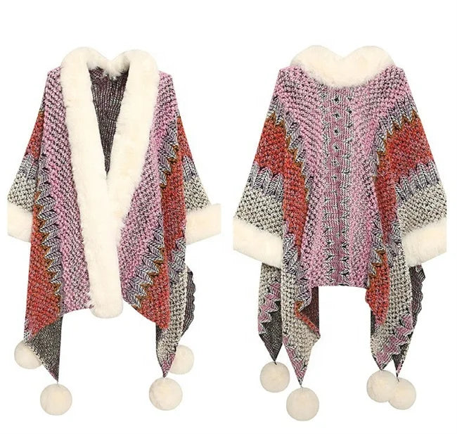 2023 Fashion Bohemia Warm Lady Big Faux Rex Rabbit Fur Collar Balls Winter Knitted Women Cape Poncho