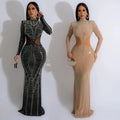 LQ C6863 Plus Size Fashion Women's Wear Pure Color Mesh Rhinestone Dress Dress for Club Party