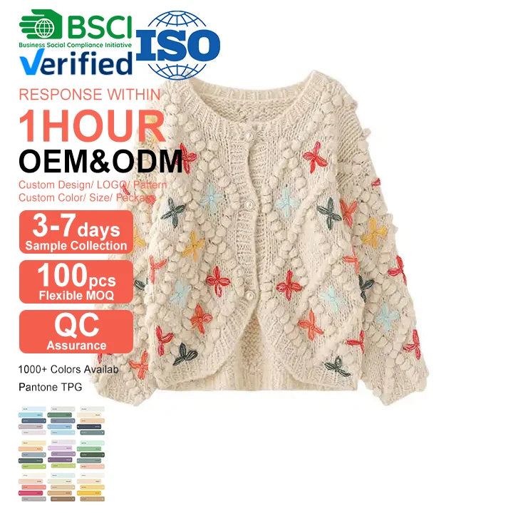 Custom Logo Oversized Knitted Embroidery Partial Knitting Craft Women's Sweater Hand Crochet Sweater