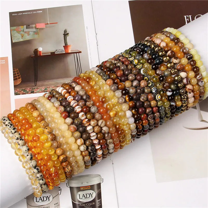 6 mm Natural Red Agat Yellow Motto Stone Beads Bracelet  for Women Men