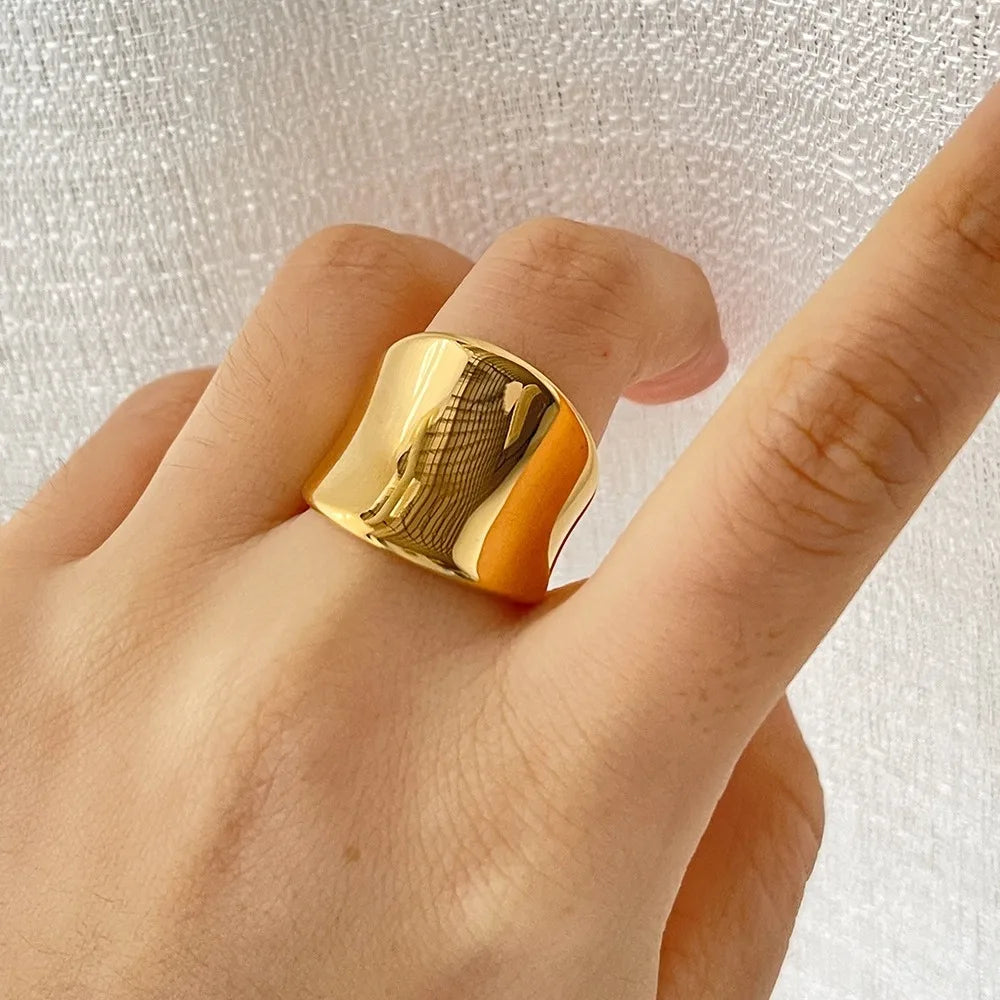 18K Vacuum Gold Plated Stainless Steel Wide Band Dome Ring for Women Minimalist Chunky Statement Ring