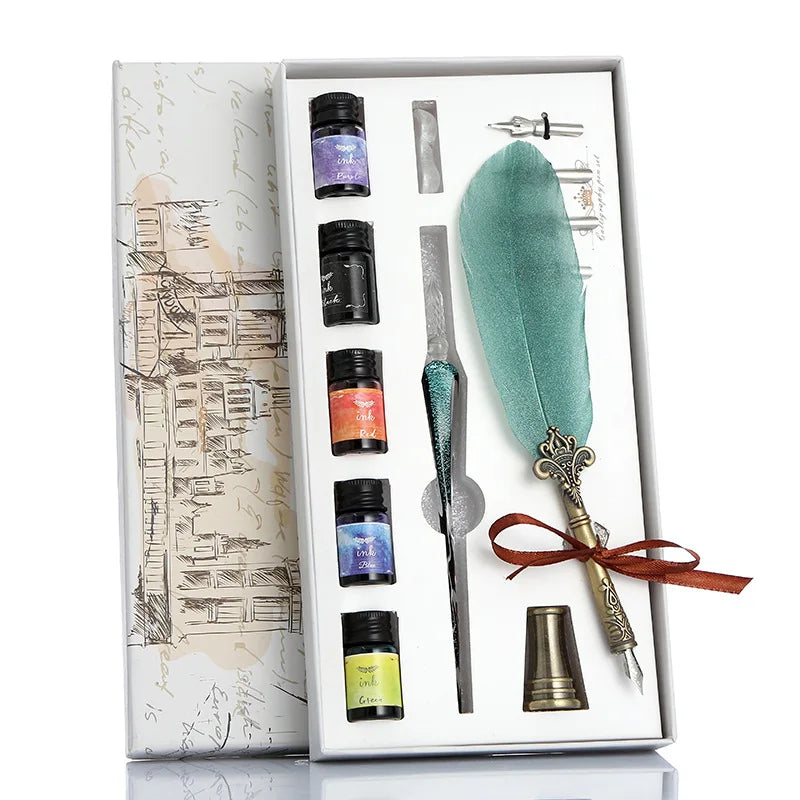 Vintage Calligraphy Glass Dip Pen Feather Quill Pen Set With 4 Nibs 5 Inks Smooth Calligraphy Dipped Pen Ink Kit for Gift