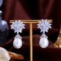 Sparking Cubic Zirconia CZ Silver Plated Jewelry Bridal Pearl White Dangling Drop Earrings for Women Wedding Dress Accessories