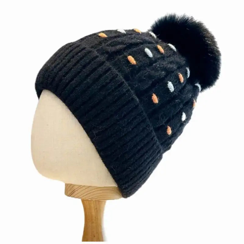 Custom logo Winter Beanie Hat Trend Keep Warm Pompom Jacquard Knitted Hat for Women