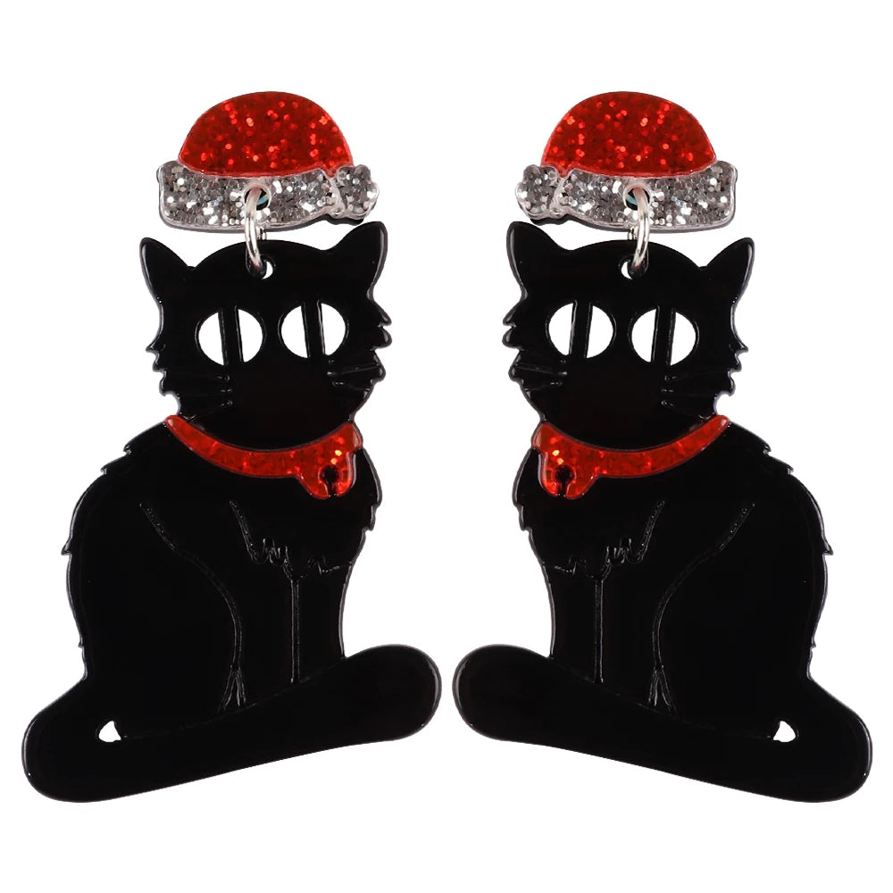 2024 Gothic Black Cat Christmas Hat Sequins Scary Creepy Acrylic Earrings for Women