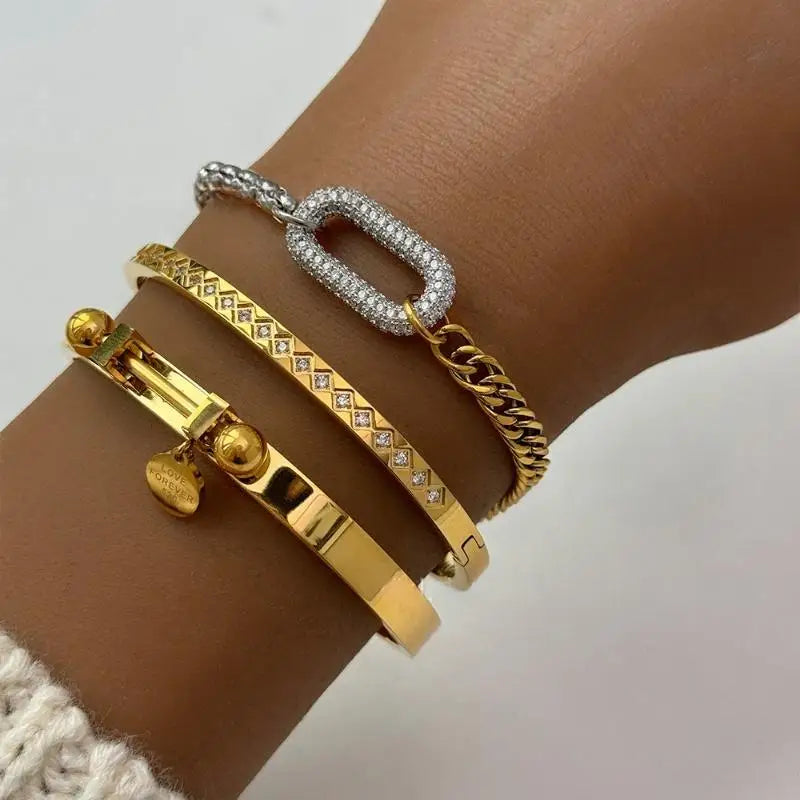 G3871 Wholesale 18k Gold Plated Stainless Steel Two Tone Splicing Chain Oval Full Zircon Charms Bracelet Bangles for Women