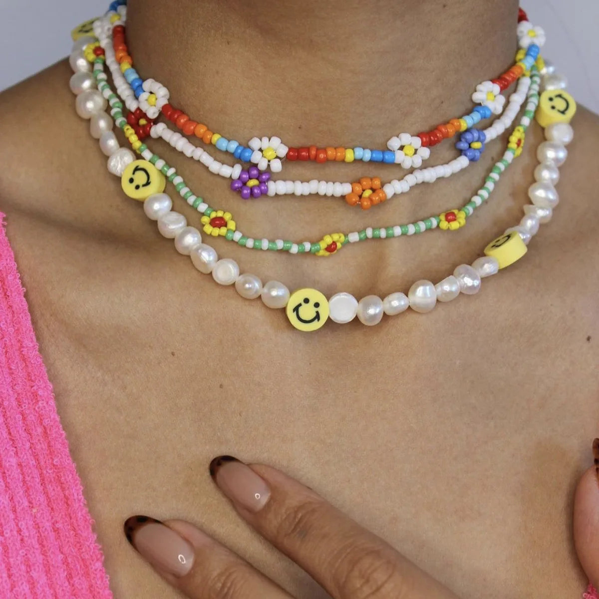 Bohemia Style Jewelry Colorful Glass Beads Pearl Choker Necklace Flower Butterfly Smile Face Beach  Handmade Clavicle Chain