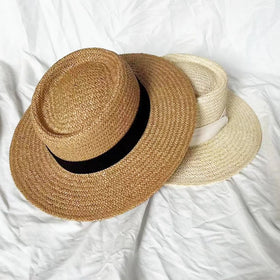 Custom 2024 Hot Sale Vintage Women Summer Telescope Boater Beach Sun Hat Hand Weave Paper Straw Hat With Cotton Ribbon