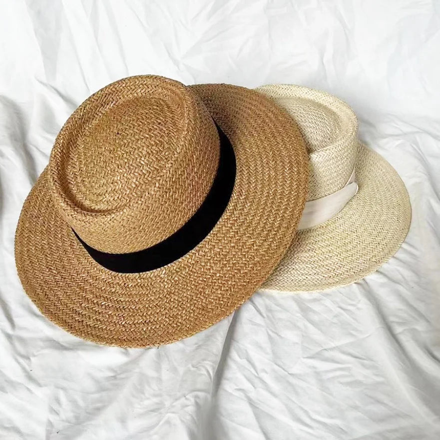 Custom 2024 Hot Sale Vintage Women Summer Telescope Boater Beach Sun Hat Hand Weave Paper Straw Hat With Cotton Ribbon