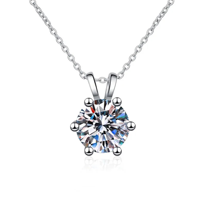 New Classic Six-Claw S925 Sterling Silver Necklace for Women 1 Karat Moissanite Simple Lock Chain Elegant Temperament for Gifts