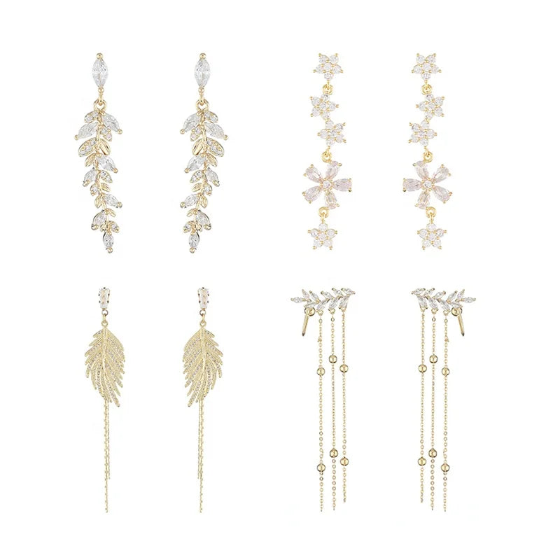 Korean Fashion 14K Real Gold Plating Inlay Zircon Crossed Pendant Earrings for Female Bridal Wedding Dangle Earrings 2023