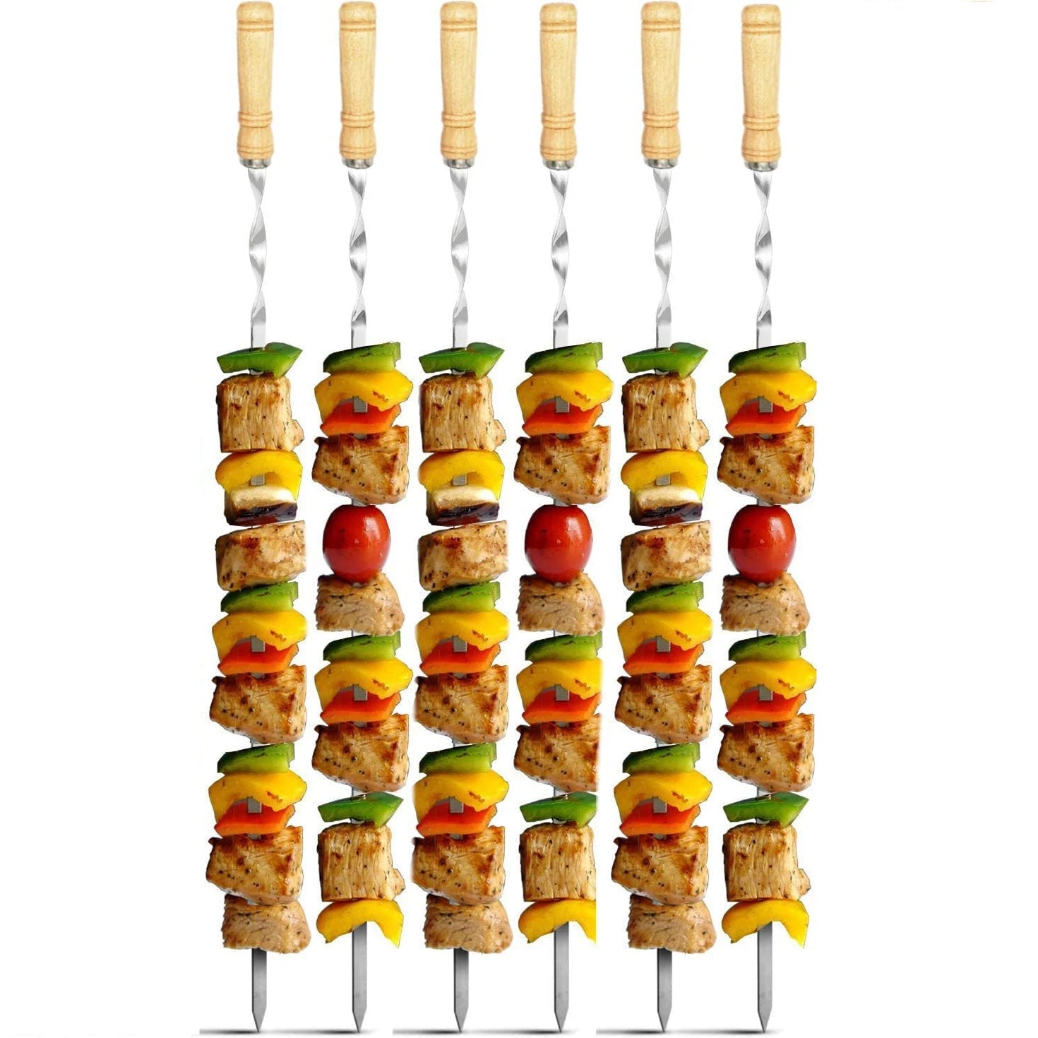 In Stock 6-Piece Stainless Steel Grilling Skewers Set 55CM Long Flat Metal BBQ Skewers with Wooden Handle Accessory Set