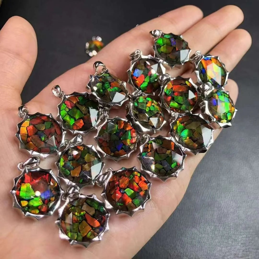 Crystals Healing Stones Sterling Silver 925 Setting Charm Necklace Natural Ammolite  Pendant