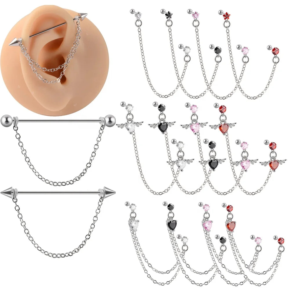 Angel Heart Zircon Tragus Helix Piercing Double Chain Link Lobe Ear Stud Stainless Steel Tassel Drop Earrings for Women